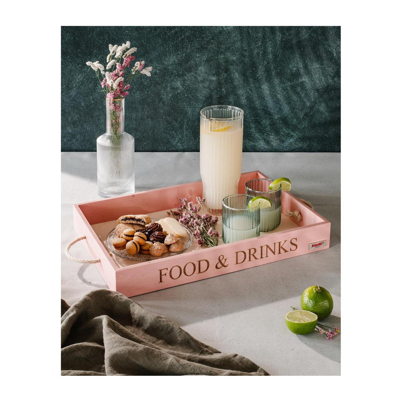 Plateau Rectangulaire « Nourriture & Boissons » Avec Poignées En Corde 
Rose De Pierre