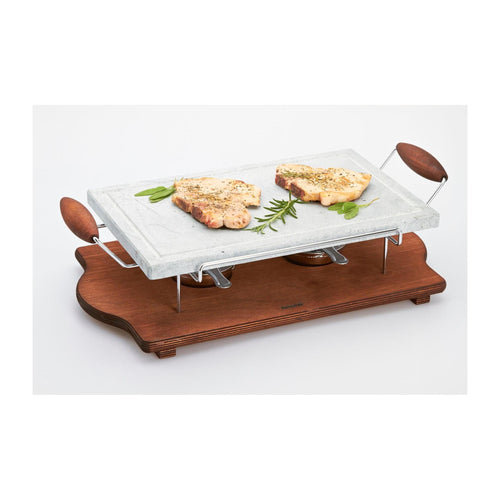 Grande Stéatite Rectangulaire Avec Cadre Chromé Sur Une Base En Bois Avec 2 Brûleurs
Taille De La Pierre : 25 X 40 Cm
Dimensions De La Base En Bois : 30 X 52 Cm