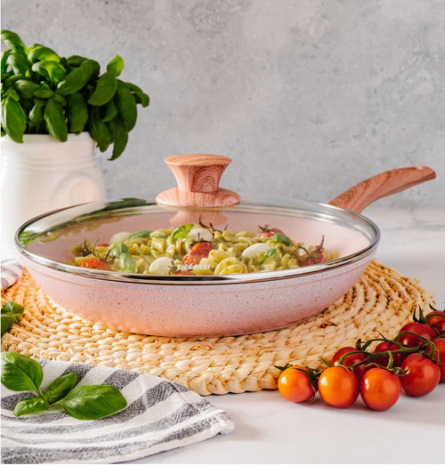 Pan Ø 24 Cm « Stonerose » Avec Couvercle Et Poignée En Bois Rose