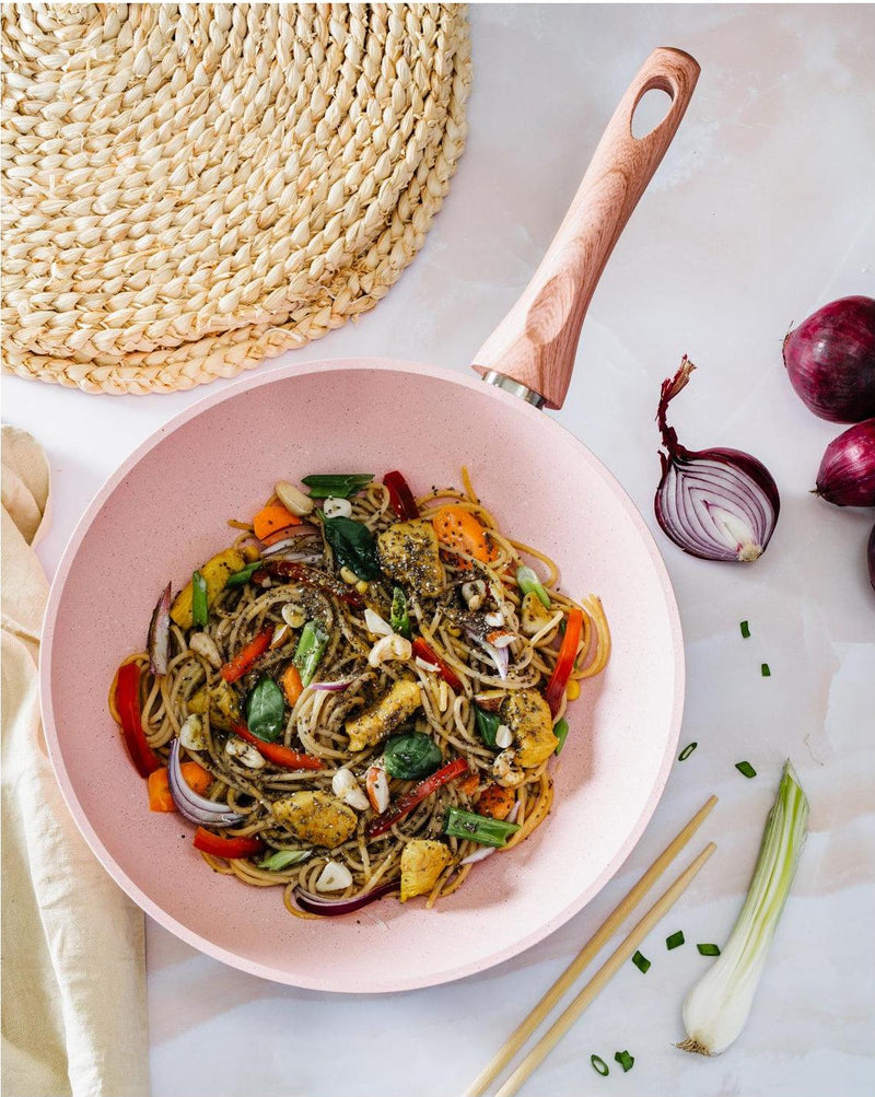 Soucoupe Wok/Pâtes Ø 28 Cm Poignée En Bois Rose Rose