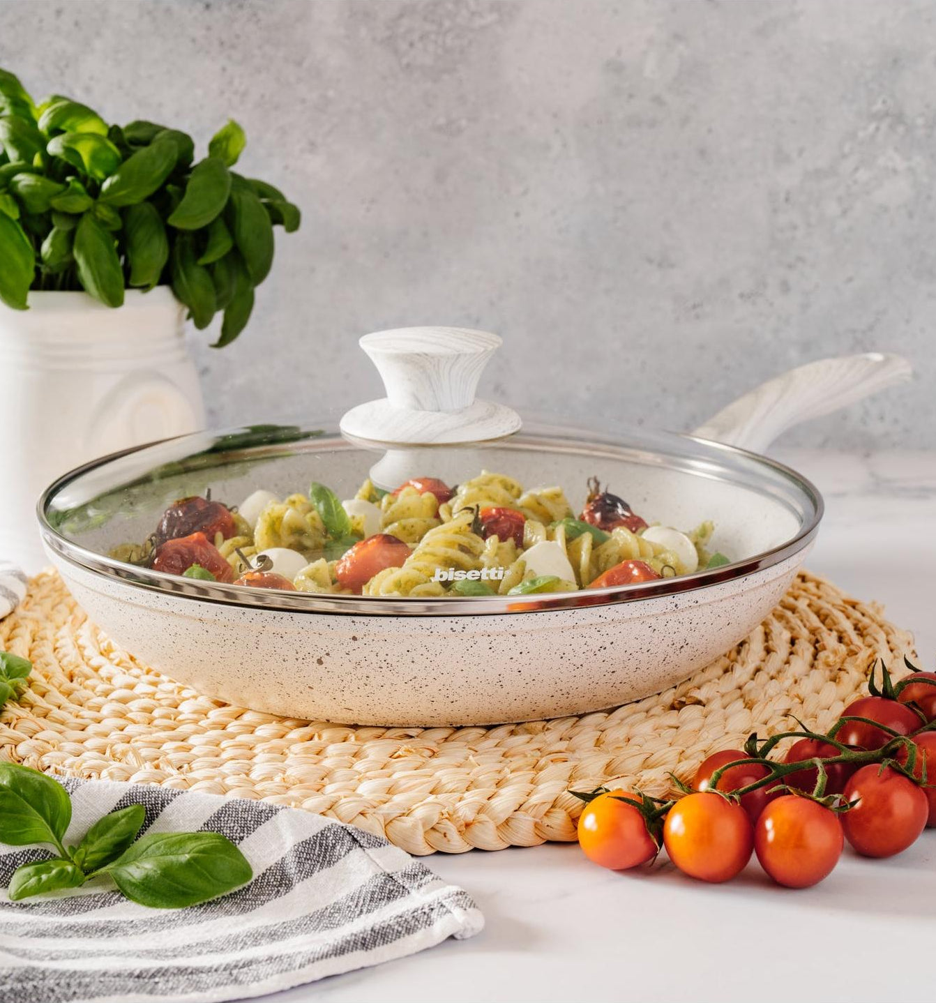 Poêle 24 Cm « Stonewhite » Avec Poignée De Couvercle, Design Bois Blanc