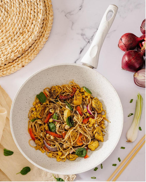 Soucoupe Wok/Pâtes Ø 28 Cm Poignée En Bois Blanc Naturel « Stonewhite »