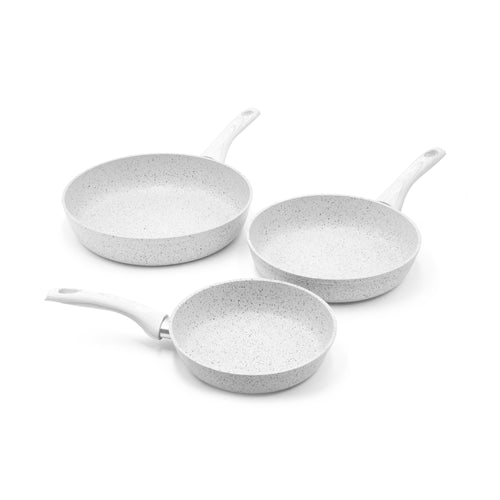 Ensemble De 3 Pièces, Poêles Ø 20, 24, 28 Cm Poignées « Stonewhite » Design Bois Blanc