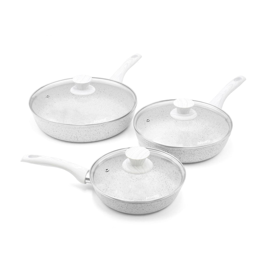 Set of 6 Pieces, Frying Pan Ø 20, 24, 28 cm. With White Wood Handles "Stonewhite"