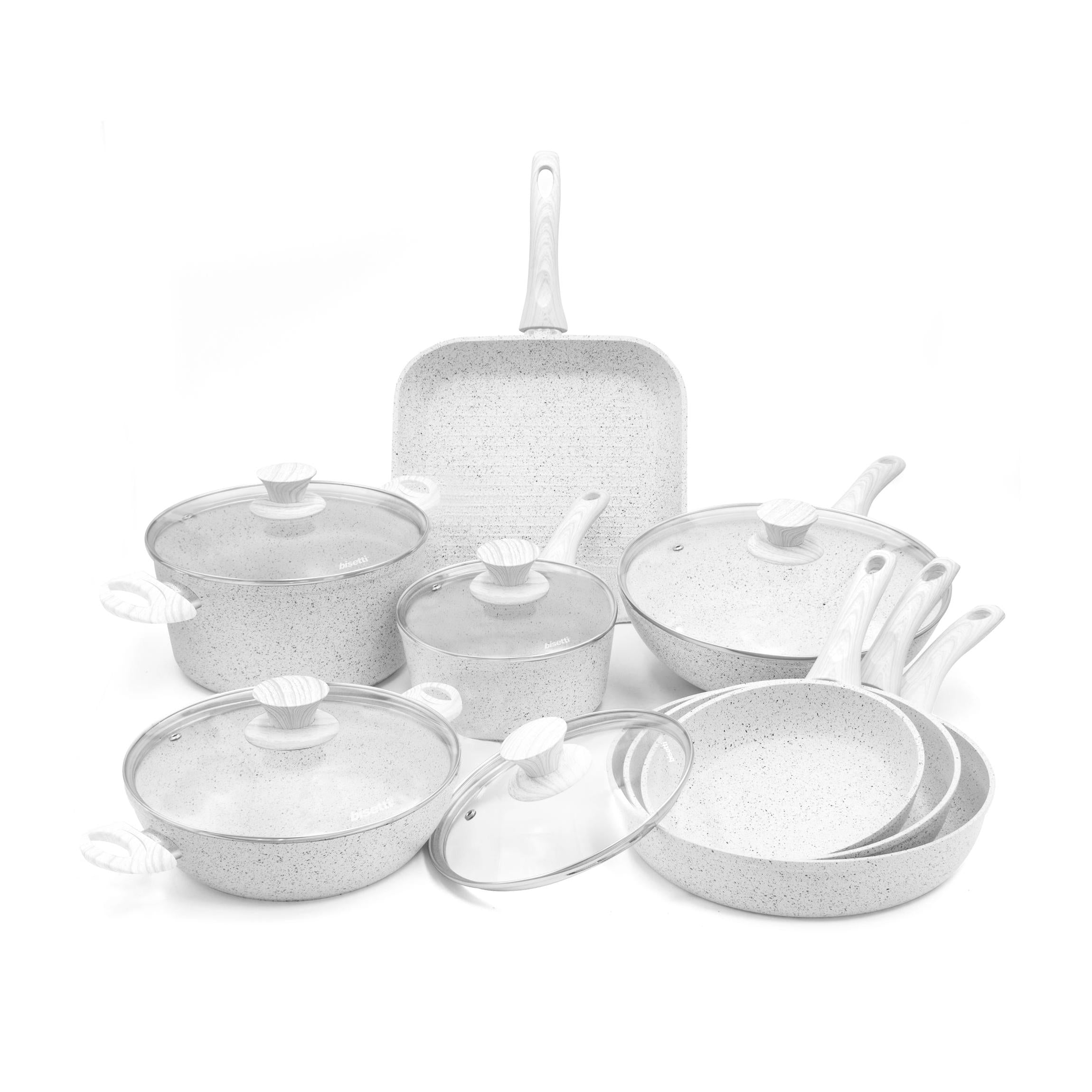 13-Piece Cookware Set. White Wood-Effect Handle "Stonewhite"