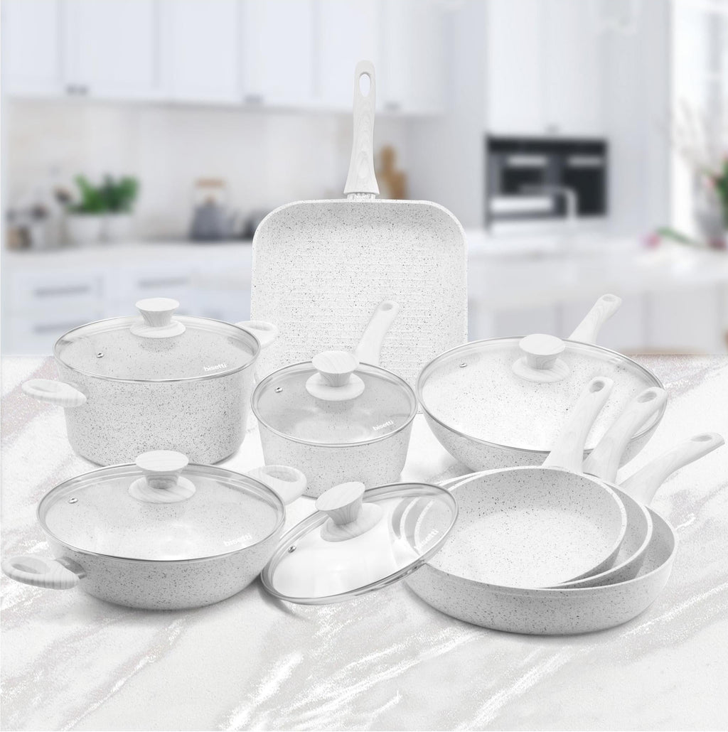 13-Piece Cookware Set. White Wood-Effect Handle "Stonewhite"