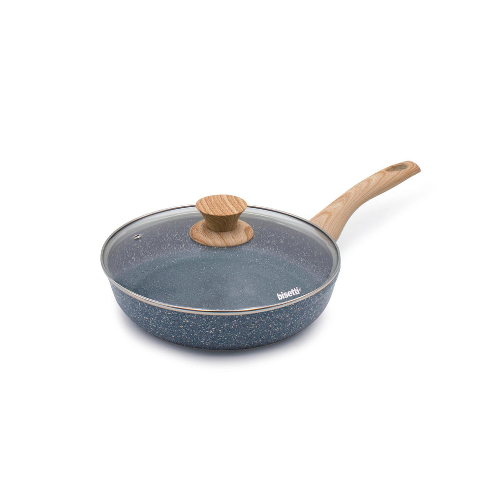 Poêle À Frire - 24 Cm - Pierre Gourmet - Avec Couvercle En Bois