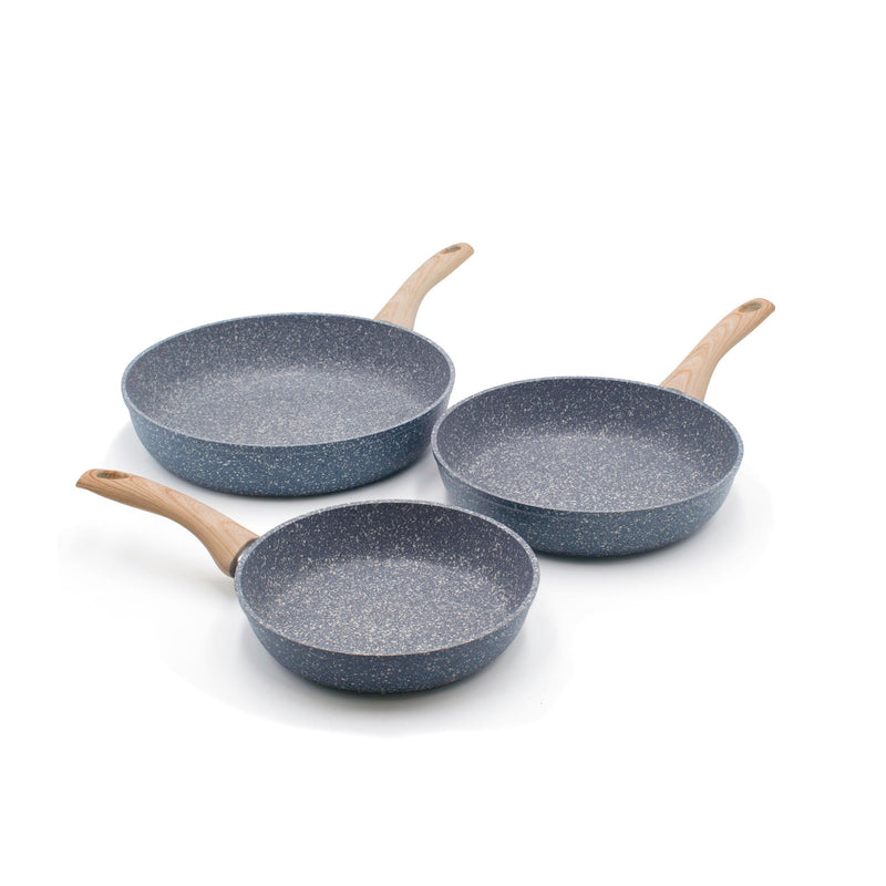 Ensemble 3 Pièces, Poêles Ø 20, 24, 28 Cm Poignées « Pierre Gourmet » Design Bois Naturel