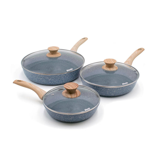 Ensemble De 6 Pièces, Poêle Ø 20, 24, 28 Cm Avec Couvercles « Pierre Gourmet » Poignées Design Bois Naturel