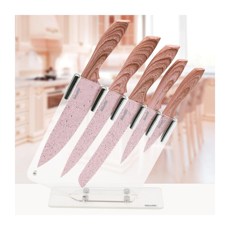 Ensemble De 5 Couteaux Stonerose - Poignées À Motif Bois Rose