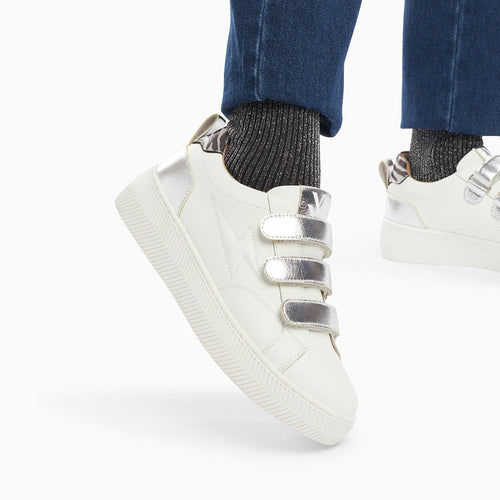 White zip-up sneakers Woman with silver mirror-effect velcro and zebra back Vanessa Wu