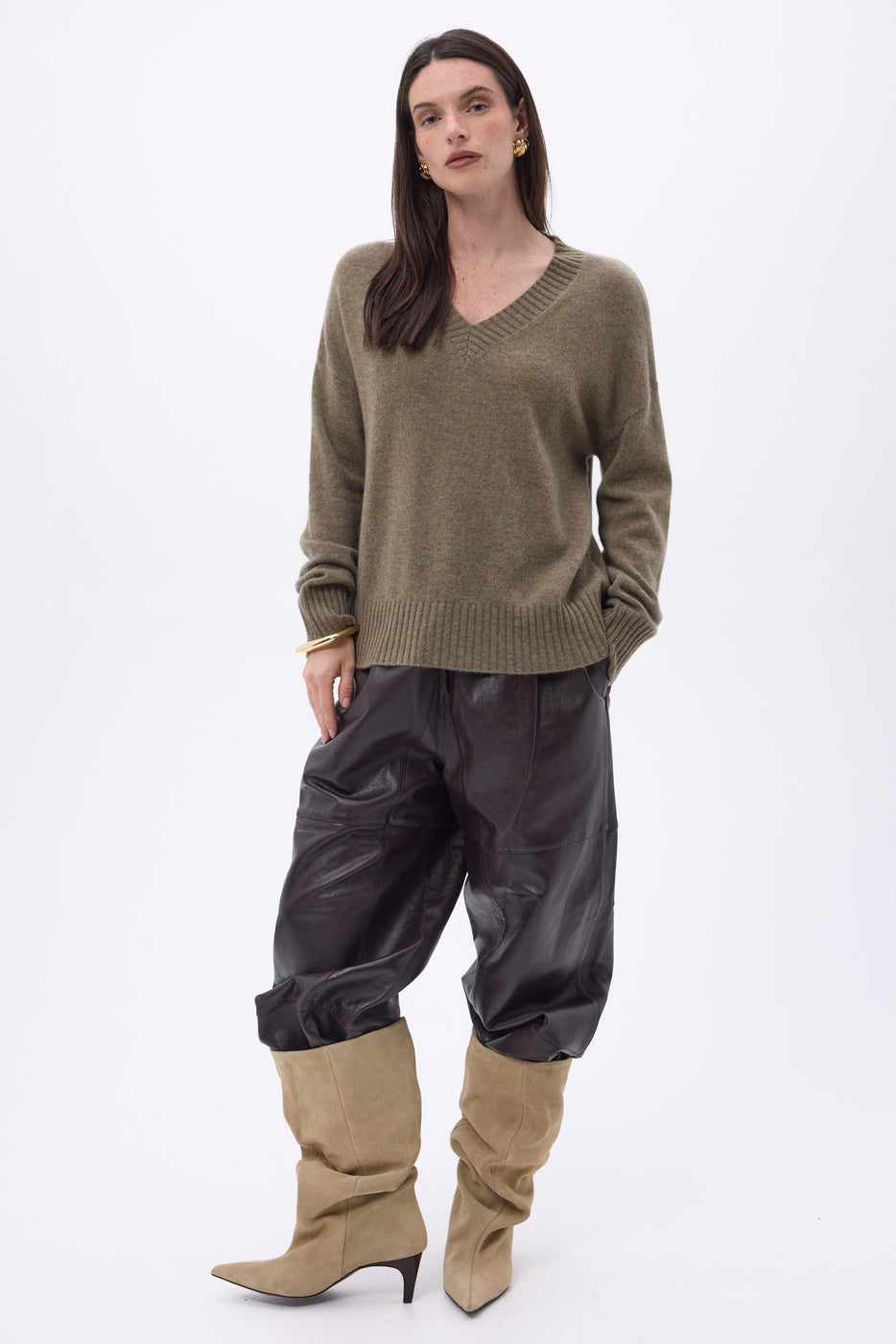 Jersey oversize de cuello en V de canalé grueso Blind - caqui jaspeado - mujer