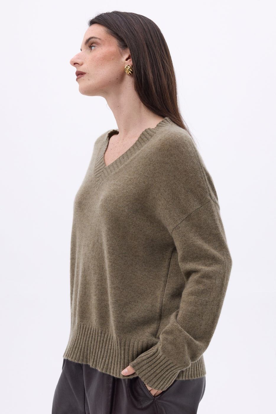Jersey oversize de cuello en V de canalé grueso Blind - caqui jaspeado - mujer