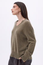 Jersey oversize de cuello en V de canalé grueso Blind - caqui jaspeado - mujer