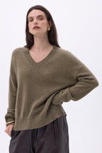 Jersey oversize de cuello en V de canalé grueso Blind - caqui jaspeado - mujer