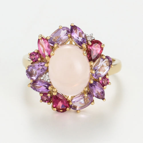 Bague "Ayseld0,022/2 Am0,42/3 Pam0,78/4 Rho0,18/3 Quartz Rose 3,20/1 Ptour0,58/3 - Or Jaune 375/1000