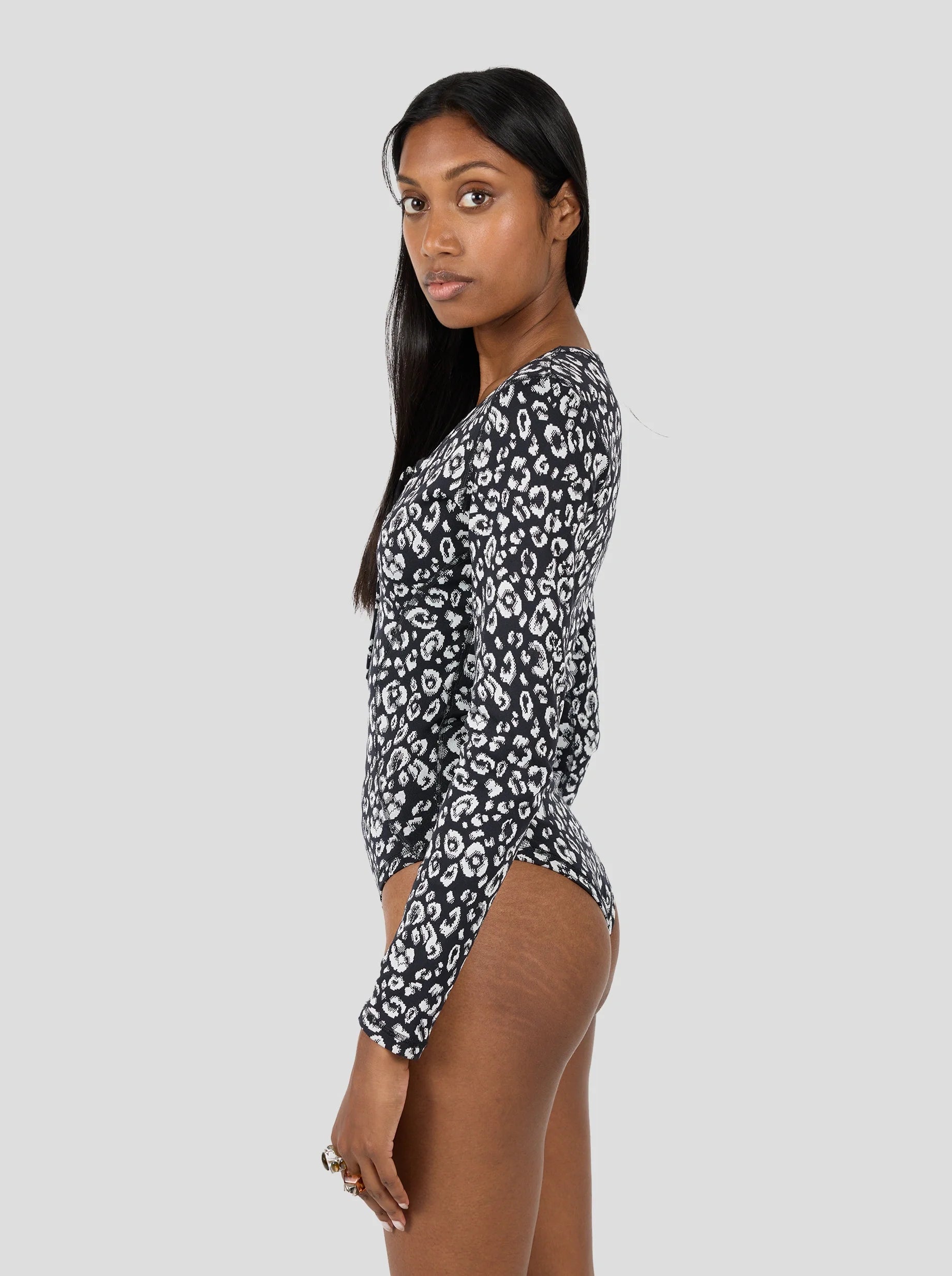Lou Bodysuit in Black-and-White Leopard Jersey
