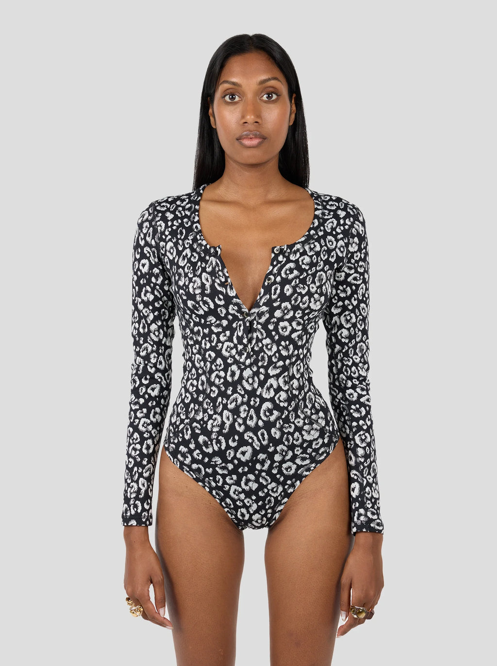 Lou Bodysuit in Black-and-White Leopard Jersey