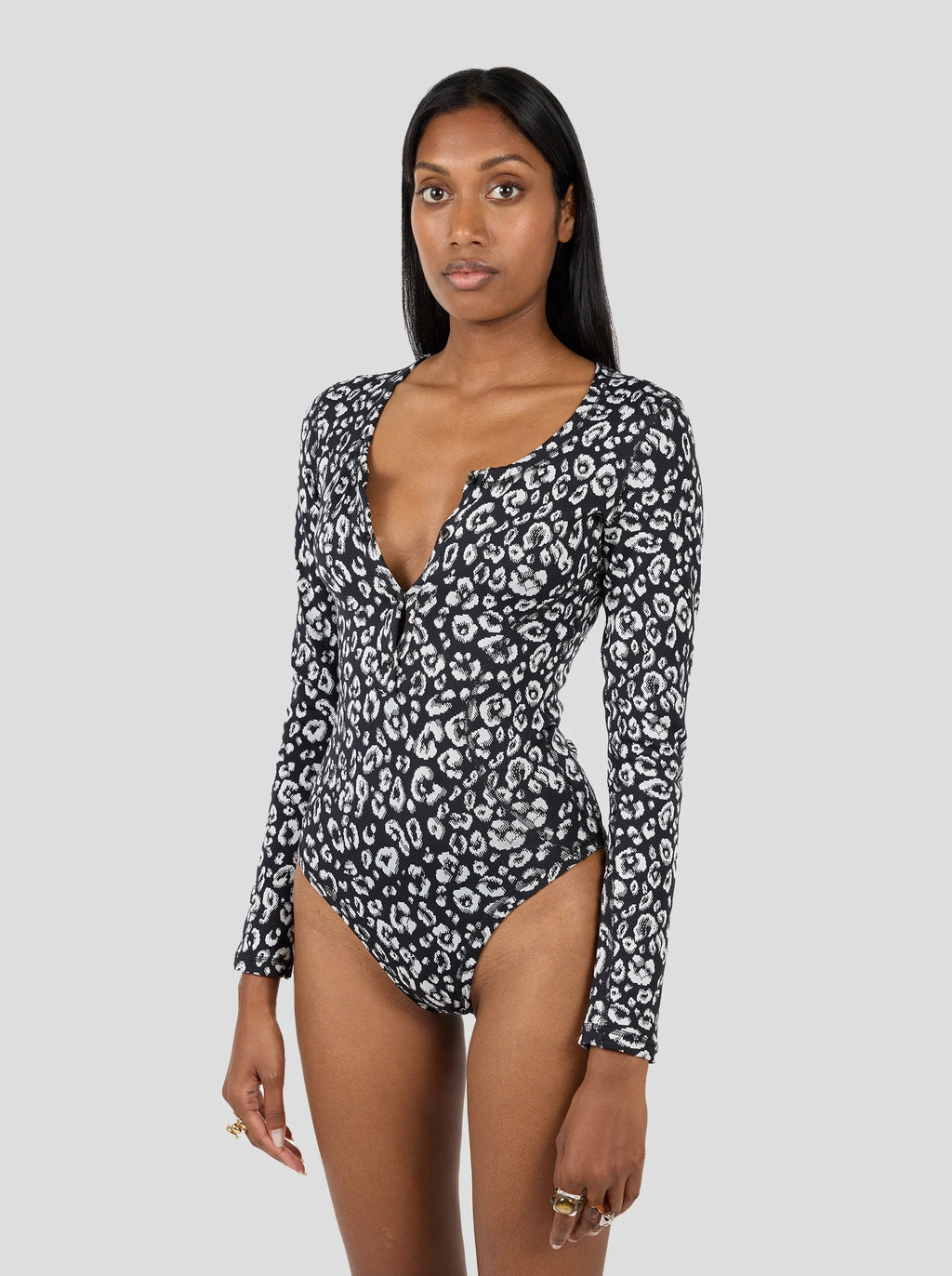 Lou Bodysuit in Black-and-White Leopard Jersey