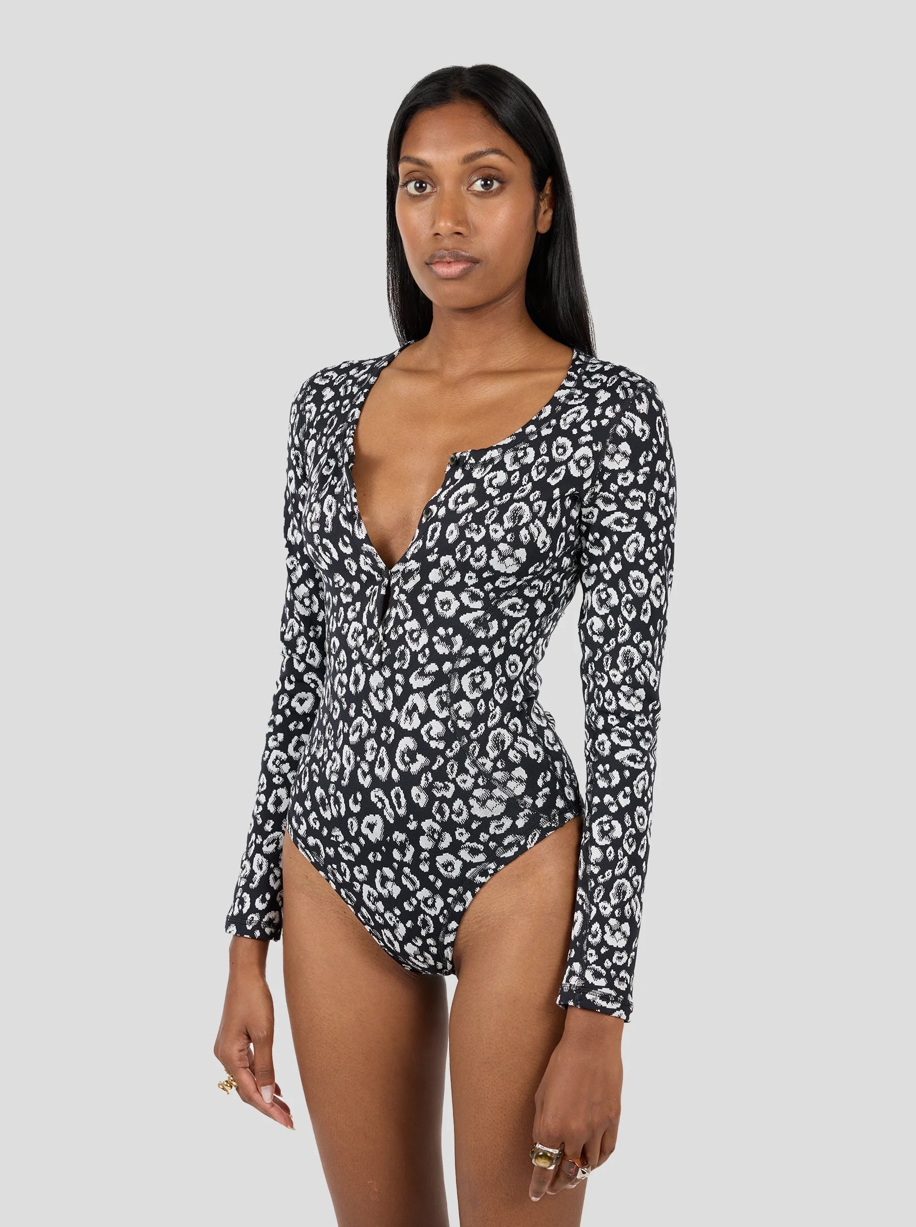 Lou Bodysuit in Black-and-White Leopard Jersey