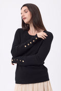 Pull Col Rond Boutons Dorés Manches Ballon Bold - Noir - Femme