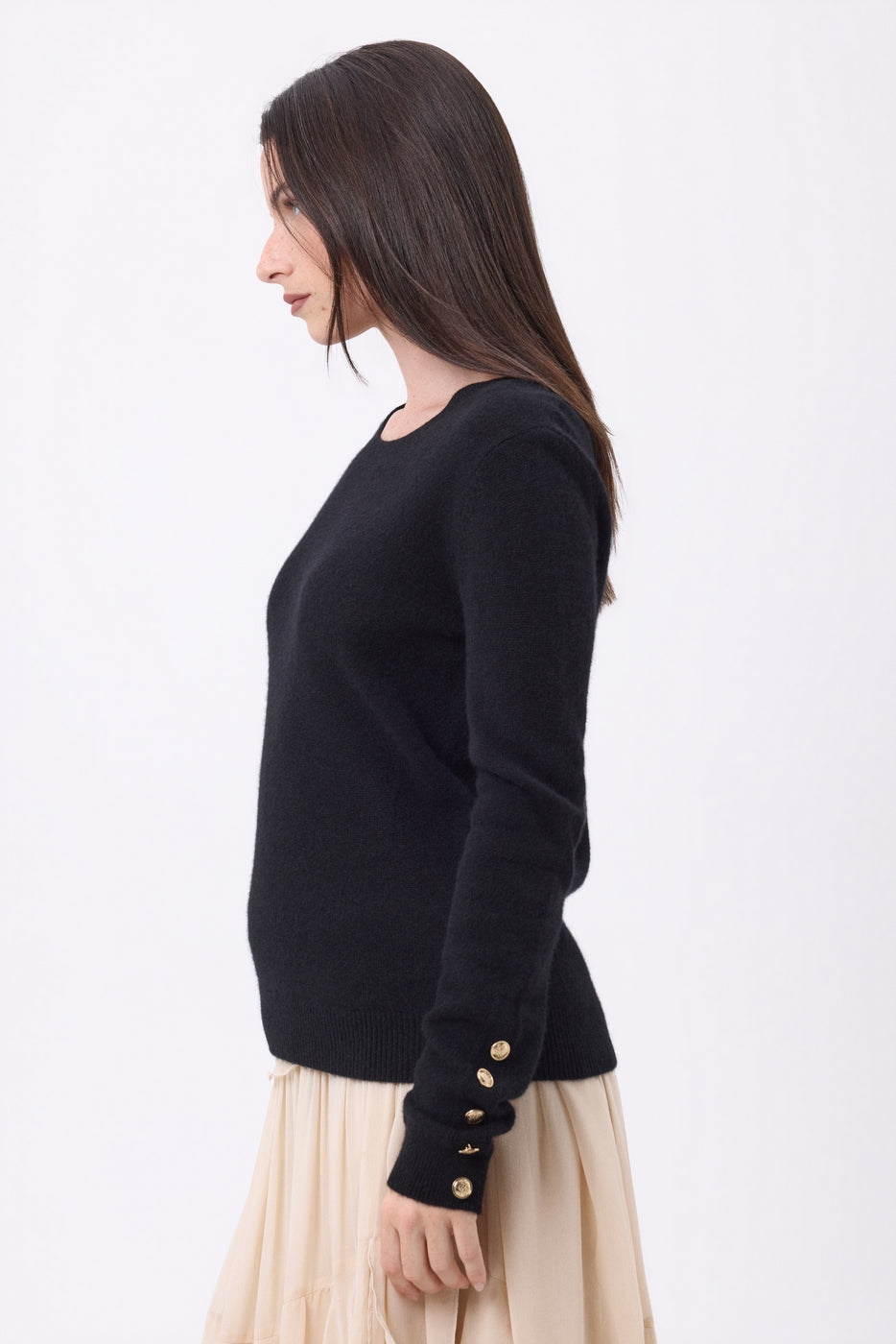 Pull Col Rond Boutons Dorés Manches Ballon Bold - Noir - Femme