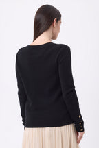 Pull Col Rond Boutons Dorés Manches Ballon Bold - Noir - Femme
