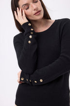 Pull Col Rond Boutons Dorés Manches Ballon Bold - Noir - Femme