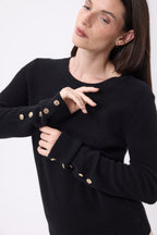 Pull Col Rond Boutons Dorés Manches Ballon Bold - Noir - Femme