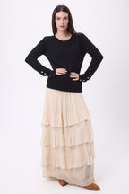 Pull Col Rond Boutons Dorés Manches Ballon Bold - Noir - Femme