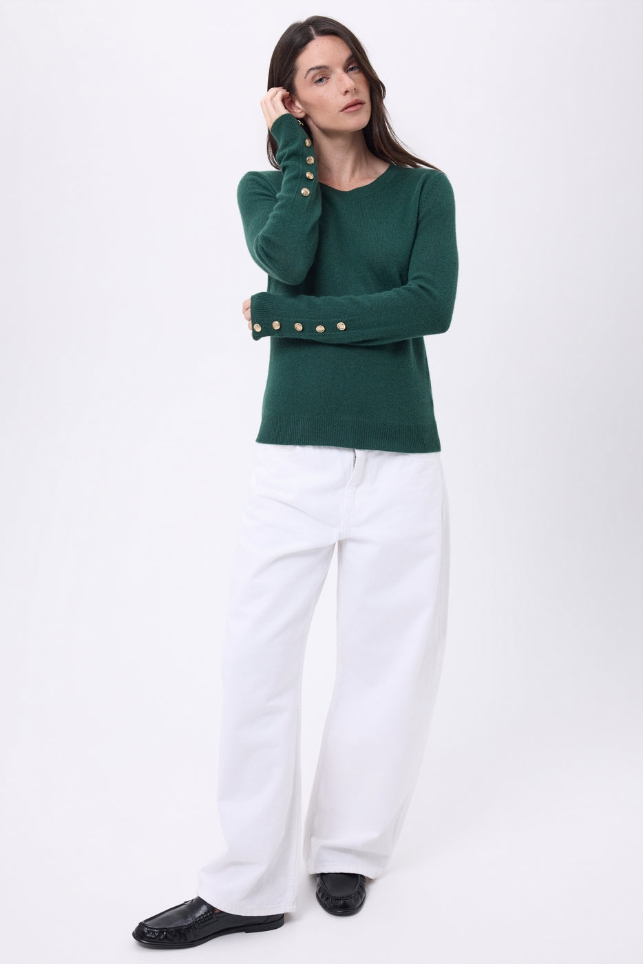 Jersey de cuello redondo con botones dorados y mangas globo Bold - Verde botella - Mujer