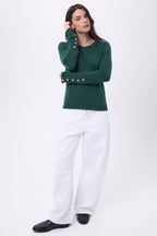 Jersey de cuello redondo con botones dorados y mangas globo Bold - Verde botella - Mujer