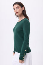 Jersey de cuello redondo con botones dorados y mangas globo Bold - Verde botella - Mujer