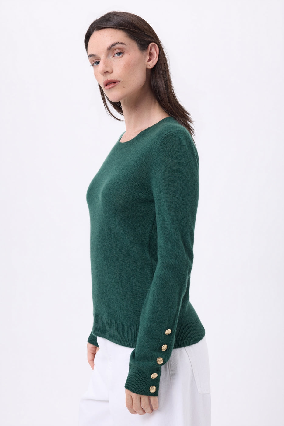 Jersey de cuello redondo con botones dorados y mangas globo Bold - Verde botella - Mujer