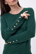 Jersey de cuello redondo con botones dorados y mangas globo Bold - Verde botella - Mujer