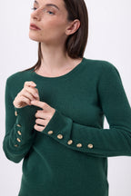 Jersey de cuello redondo con botones dorados y mangas globo Bold - Verde botella - Mujer
