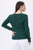 Jersey de cuello redondo con botones dorados y mangas globo Bold - Verde botella - Mujer