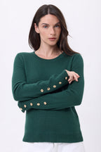 Jersey de cuello redondo con botones dorados y mangas globo Bold - Verde botella - Mujer