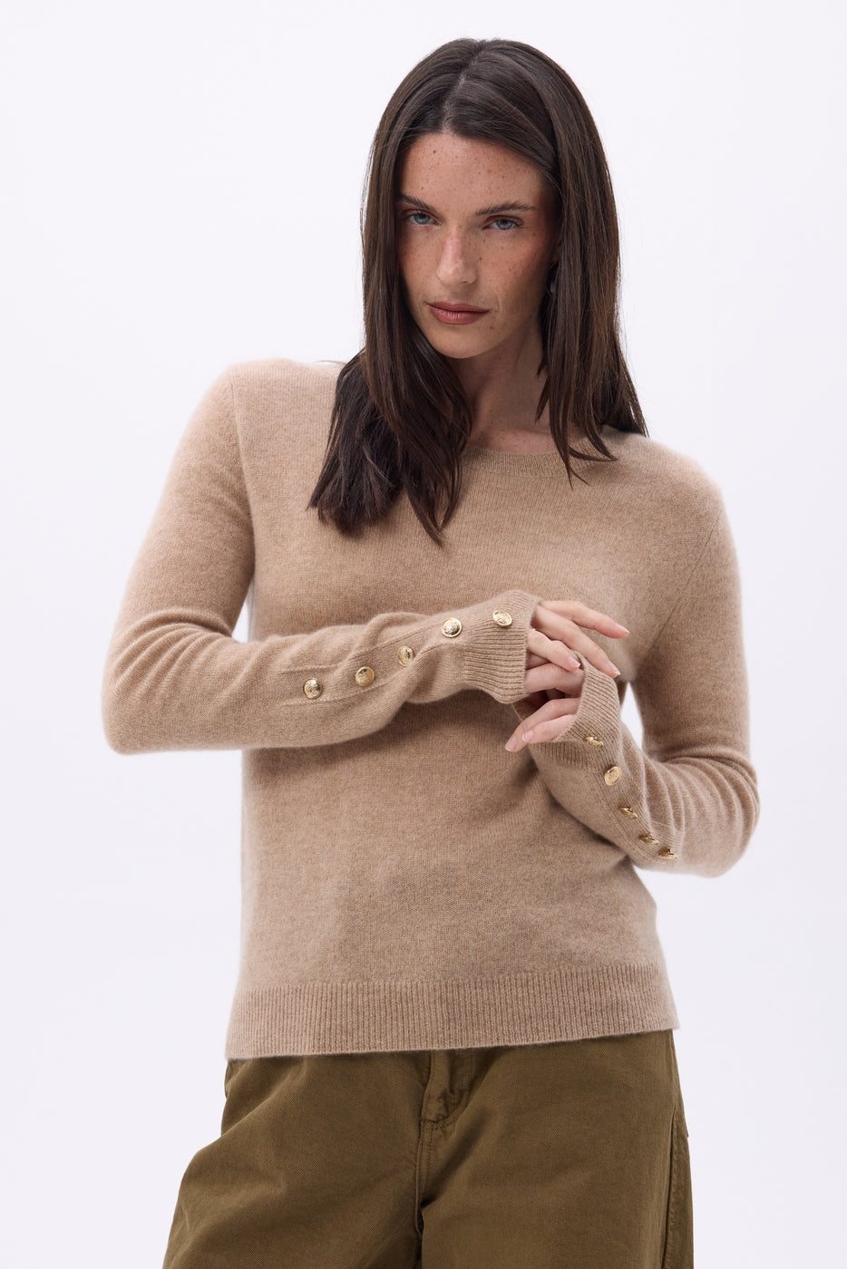 Jersey de cuello redondo con botones dorados y mangas globo Bold - Beige crema - Mujer