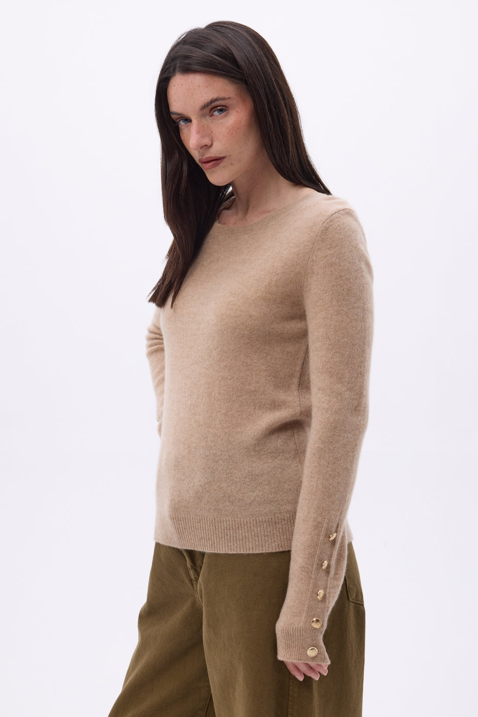 Jersey de cuello redondo con botones dorados y mangas globo Bold - Beige crema - Mujer