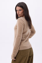 Jersey de cuello redondo con botones dorados y mangas globo Bold - Beige crema - Mujer