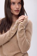 Jersey de cuello redondo con botones dorados y mangas globo Bold - Beige crema - Mujer