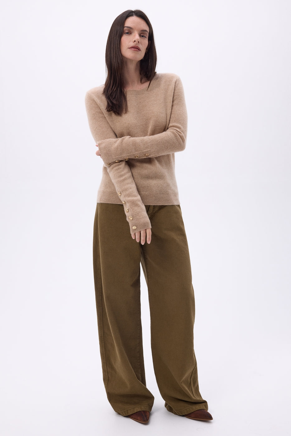 Jersey de cuello redondo con botones dorados y mangas globo Bold - Beige crema - Mujer