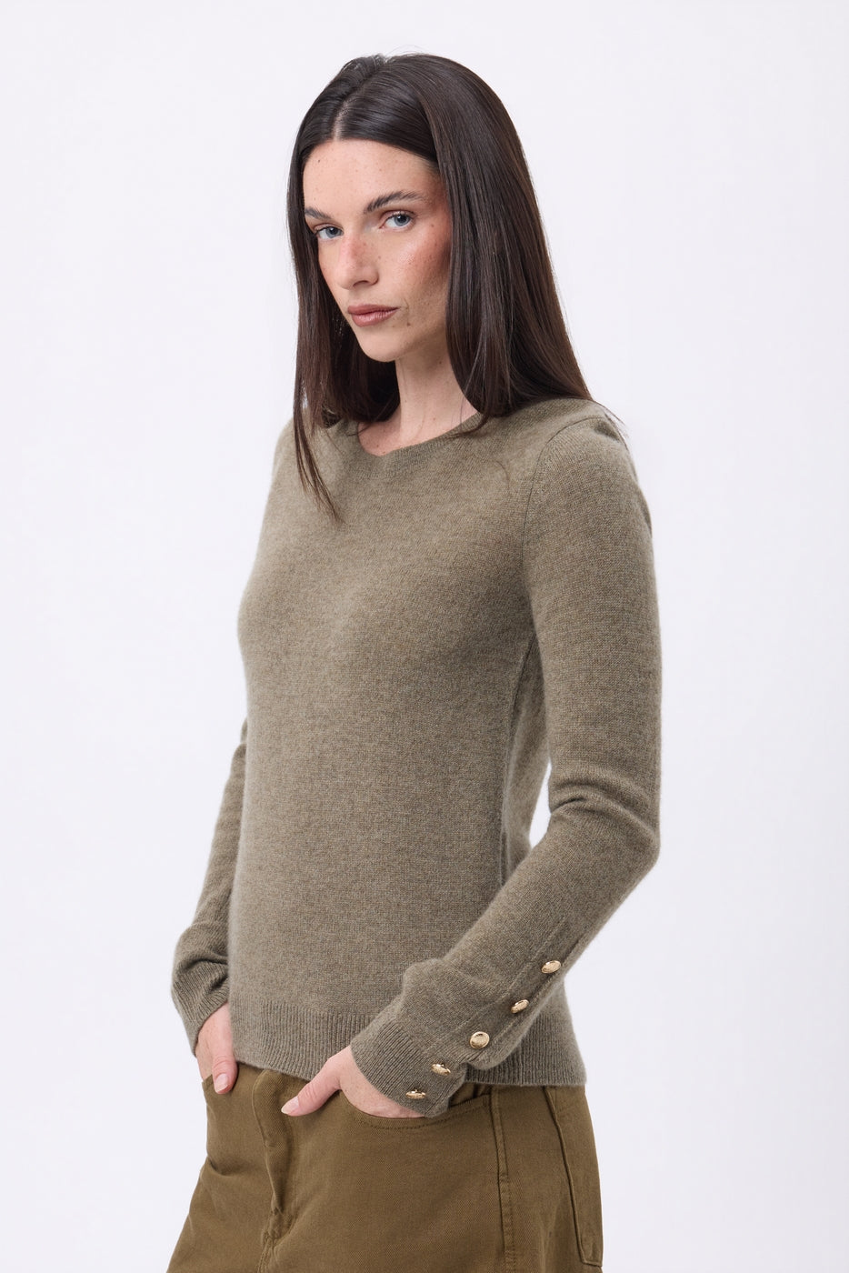Jersey de cuello redondo con botones dorados y mangas globo Bold - Caqui jaspeado - Mujer