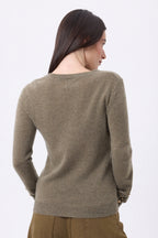 Jersey de cuello redondo con botones dorados y mangas globo Bold - Caqui jaspeado - Mujer
