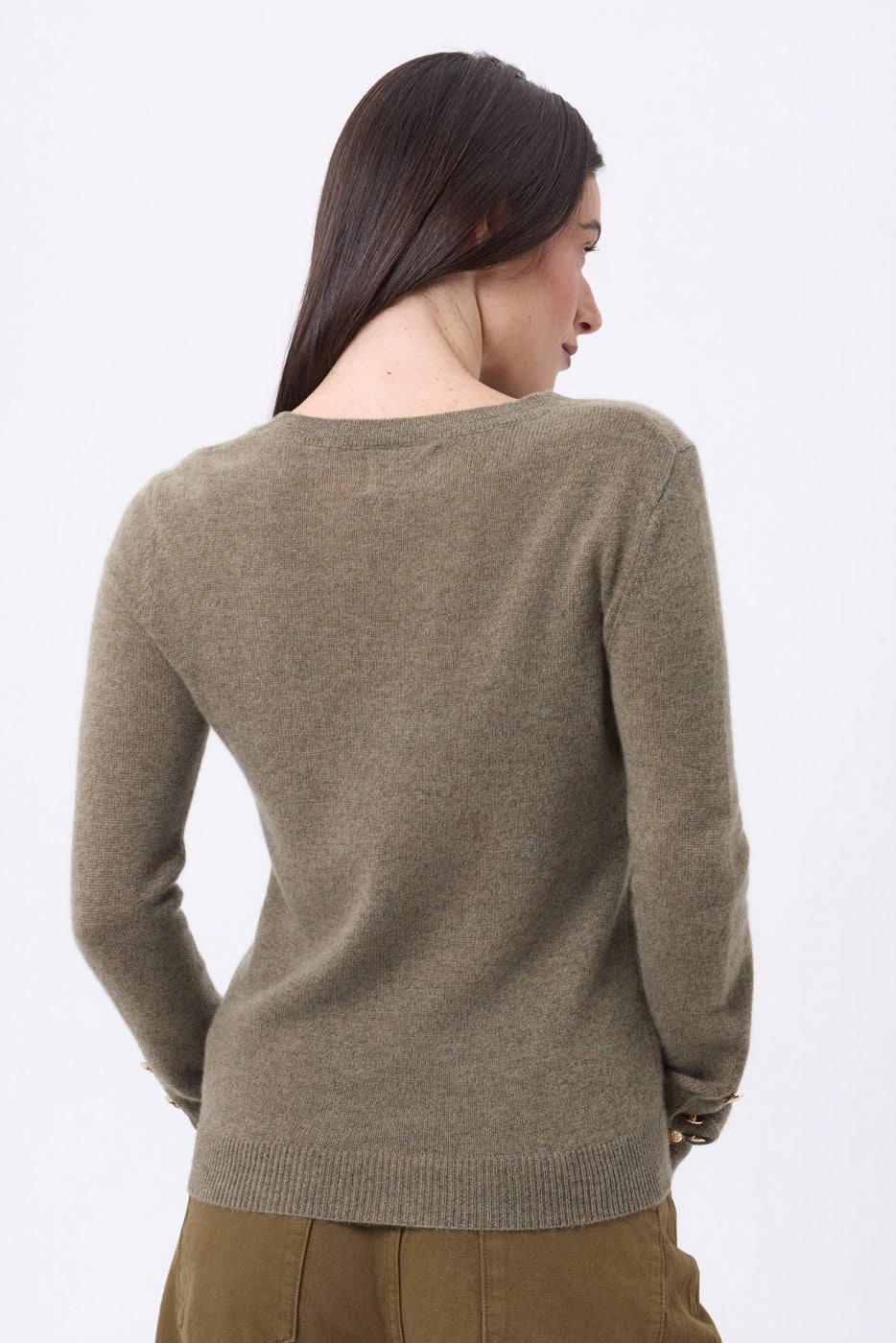 Jersey de cuello redondo con botones dorados y mangas globo Bold - Caqui jaspeado - Mujer