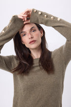 Jersey de cuello redondo con botones dorados y mangas globo Bold - Caqui jaspeado - Mujer