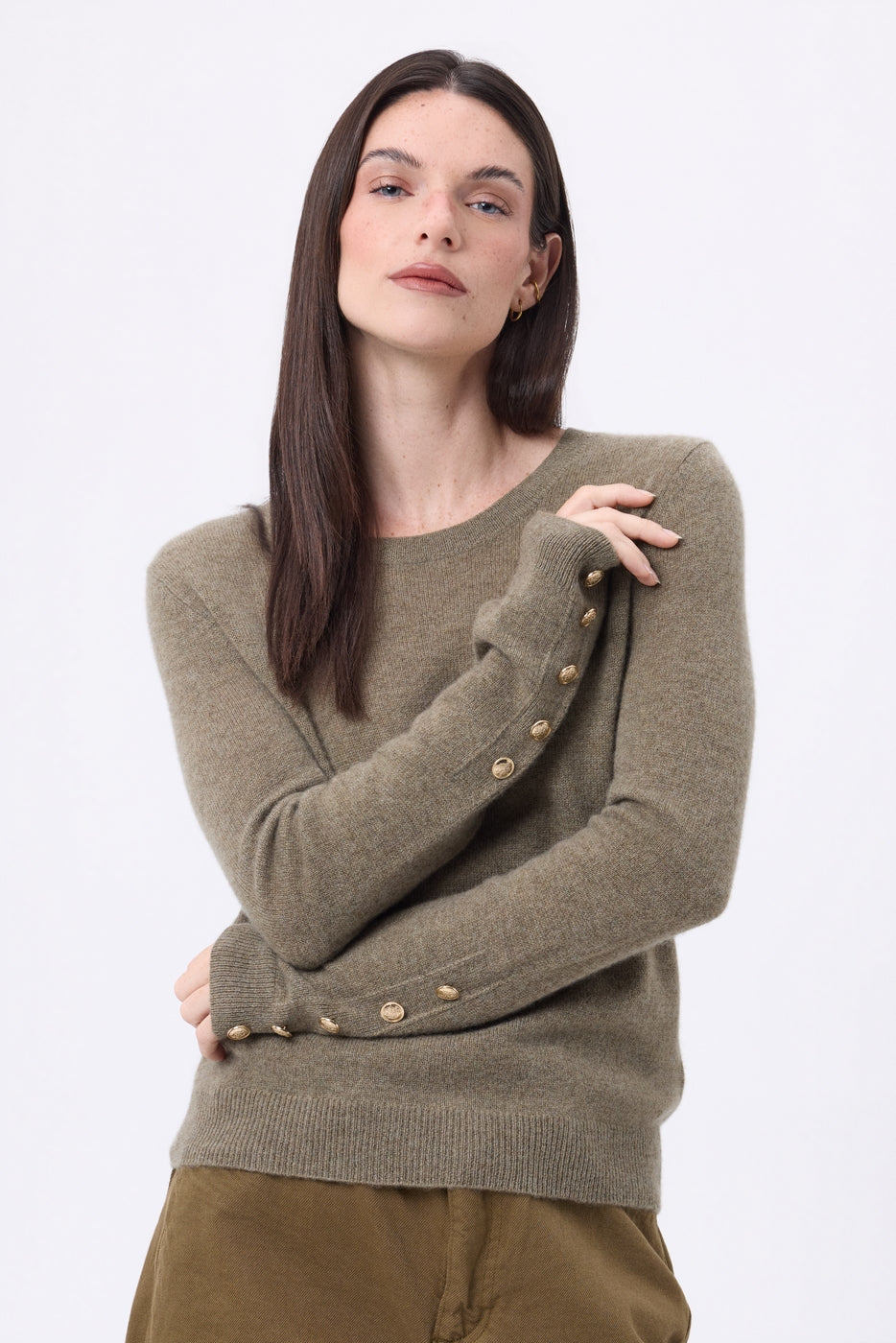 Jersey de cuello redondo con botones dorados y mangas globo Bold - Caqui jaspeado - Mujer