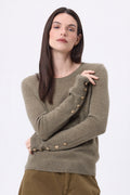 Jersey de cuello redondo con botones dorados y mangas globo Bold - Caqui jaspeado - Mujer