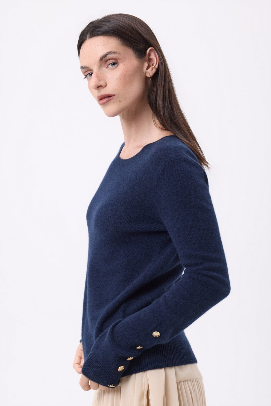 Bold Balloon Sleeve Gold Button Crew Neck Jumper - Navy Blue - Women